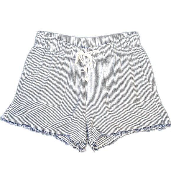 Thread & Supply | Linen Blend Blue & White Striped Drawstring Shorts | Medium - Picture 2 of 8
